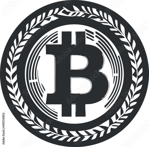 Black and white bitcoin cryptocurrency symbol with a decorative laurel wreath border representing digital currency and finance technology