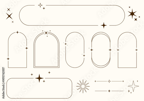 Aesthetic frames with y2k elements and aura. Modern minimalist aesthetic line elements, trendy linear frames with stars, arch frames, geometric forms. Decorative set of vector frames in boho style