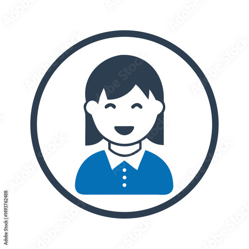 Female child avatar with ponytail inside dark blue circle