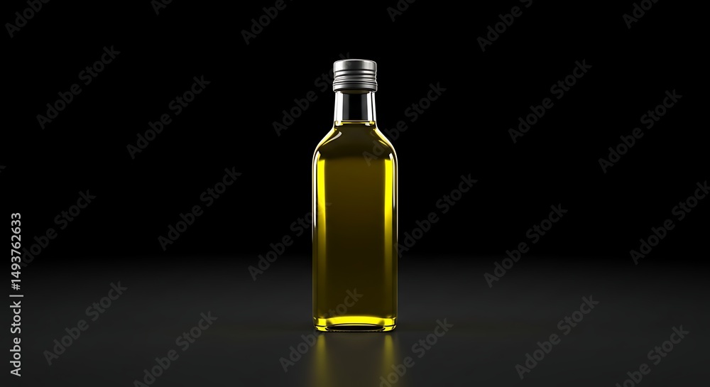 A 3D rendering of a simple bottle of olive oil, with a clean, elegant design. The bottle could be glass with a metal cap, and the olive oil should have a golden hue, casting subtle reflections against A 3D rendering of a simple bottle of olive oil, with a clean, elegant design. The bottle could be glass with a metal cap, and the olive oil should have a golden hue, casting subtle reflections against