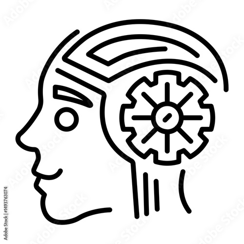 An outline style icon of humanoid cyborg character