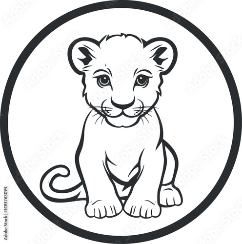 Black and white illustration of a cute lion cub sitting inside a circular frame