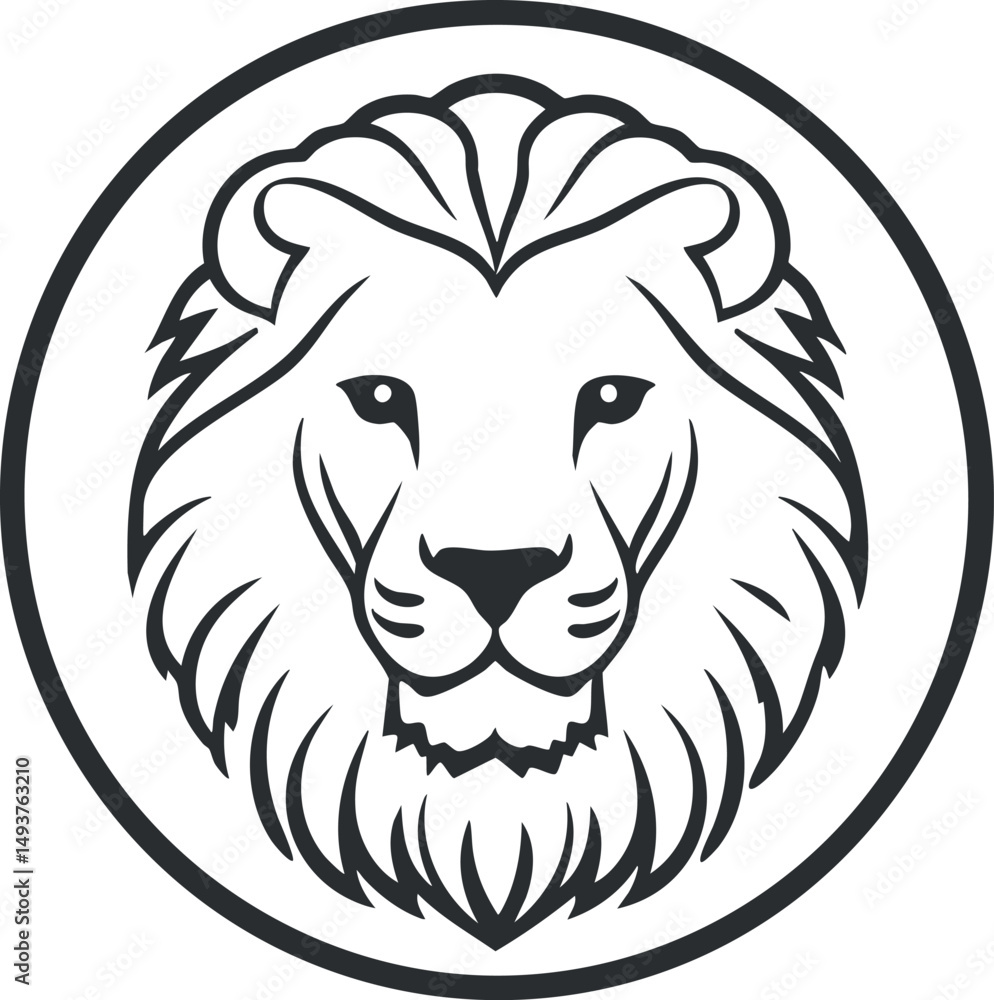 Fototapeta premium Black and white illustration of a lion head enclosed in a circle symbolizing strength and wildlife