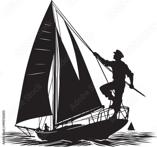 Vector art of Silhouette of a sailor on a sailboat isolated on white background