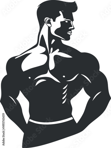 Silhouette of a muscular man showing strong physique and fitness bodybuilder pose