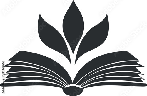 Illustration of an open book with leaves emerging symbolizing knowledge and growth in education and nature.
