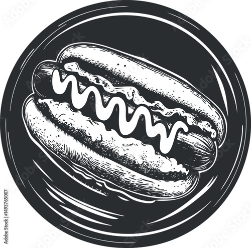 Black and white hand drawn illustration of a classic hotdog with mustard on a bun on a round plate