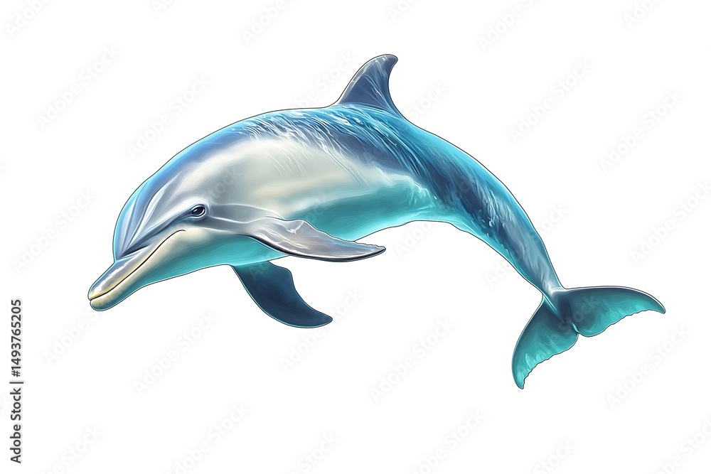 Obraz premium Illustration of a dolphin swimming gracefully on a white background in a dynamic pose