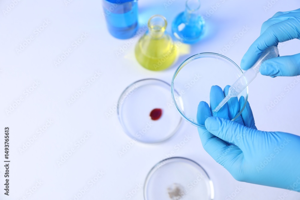 Scientist with Petri dishes and pipette on white background, top view. Space for text Scientist with Petri dishes and pipette on white background, top view. Space for text