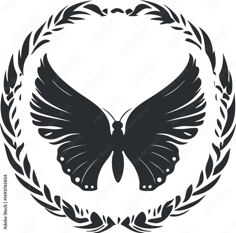 Obraz premium Black silhouette of a butterfly inside a laurel wreath circle, symbolizing nature and elegance