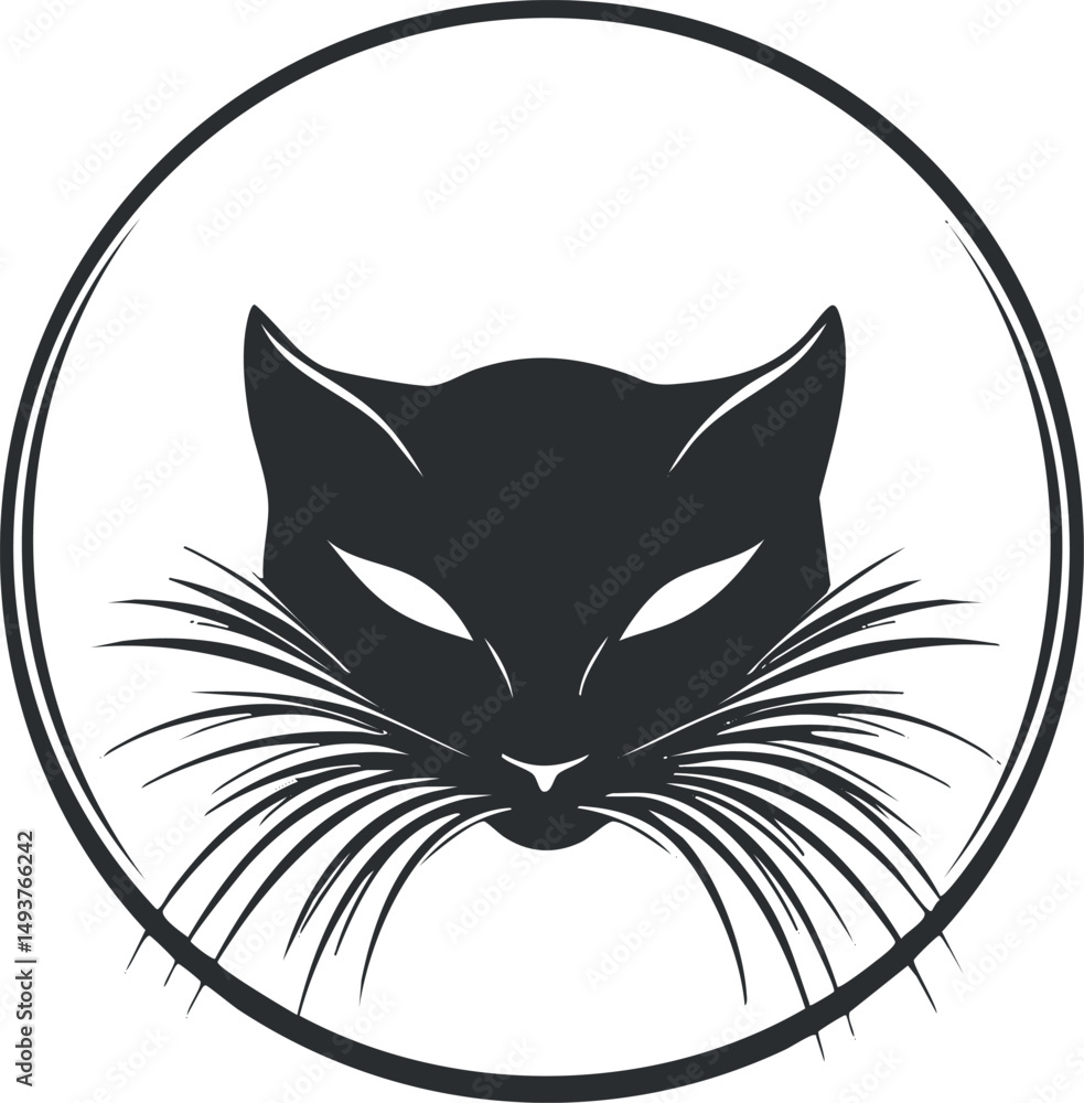 Obraz premium Black silhouette of a cat head with prominent whiskers inside a circular frame, minimal design
