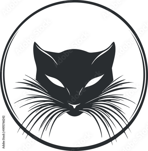 Black silhouette of a cat head with prominent whiskers inside a circular frame, minimal design