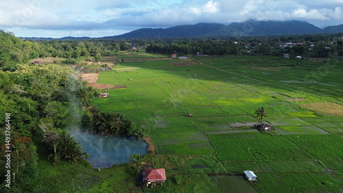 Aerial View of Sulphur Thermal Lakes for Swimming in Ranolewo, Tomohon – Volcanic Landscape and Rice Fields in North Sulawesi, Indonesia..