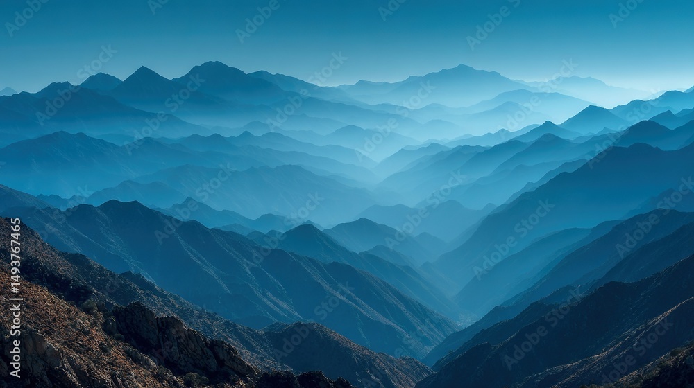 Obraz premium A bird's-eye view of distant mountains is shown in this image, with a clear blue sky visible from the mountain top