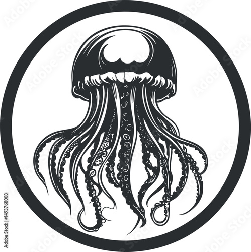 Black and white stylized illustration of a jellyfish with detailed tentacles in a circular frame