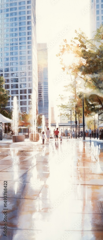 custom made wallpaper toronto digitalPainting of a city square with tall buildings in the background. the square is made of concrete and has a puddle of water in the center.