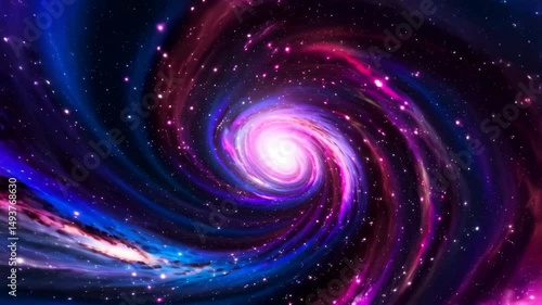 Swirling galaxy with vibrant hues of purple, blue, and pink illuminating a vast, dark cosmos with numerous sparkling stars and cosmic dust.