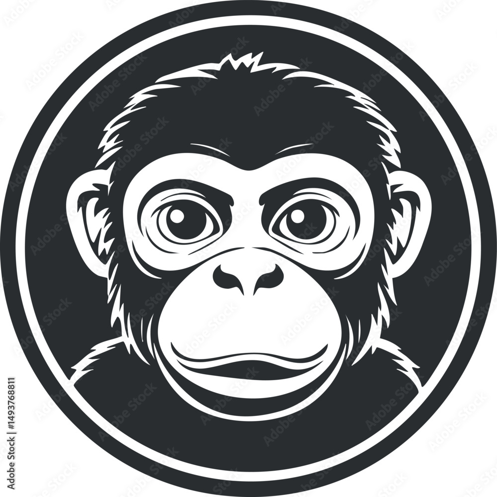 Fototapeta premium Black and white circular illustration of a chimpanzee face with detailed eyes and fur