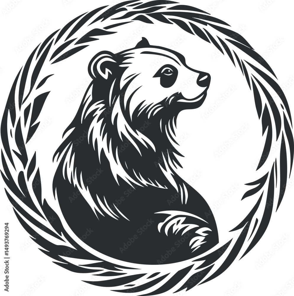 Black and white stylized illustration of a bear head in profile surrounded by a circular wreath design. Black and white stylized illustration of a bear head in profile surrounded by a circular wreath design.