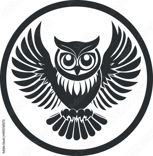 Black and white owl illustration with wings spread inside a circular frame symbolizing wisdom and nature