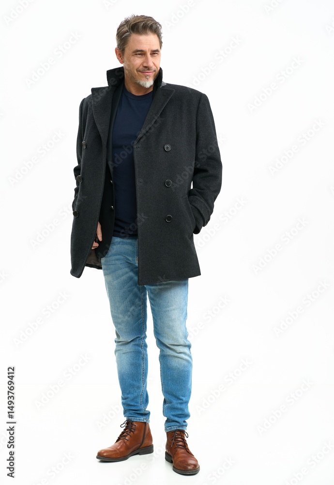 Middle age casual man in coat and jeans. Mid adult, mature age, happy smiling. Full length portrait isolated on white. Middle age casual man in coat and jeans. Mid adult, mature age, happy smiling. Full length portrait isolated on white.