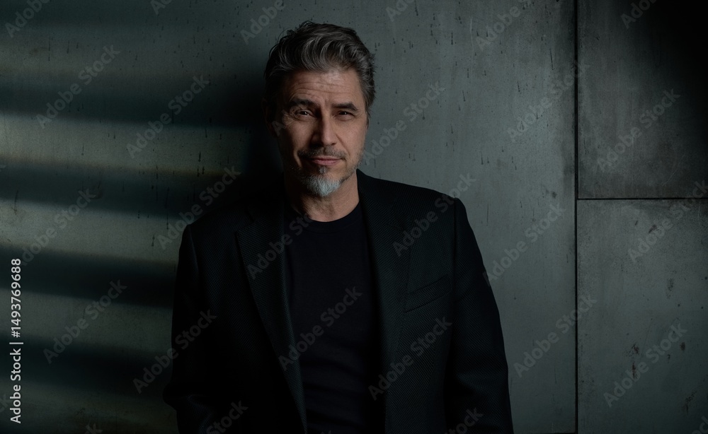 Fototapeta premium Business portrait - businessman in black jacket standing against dark gray wall. Happy middle aged, mid adult man in his 50s with gray hair, smiling. Copy space.