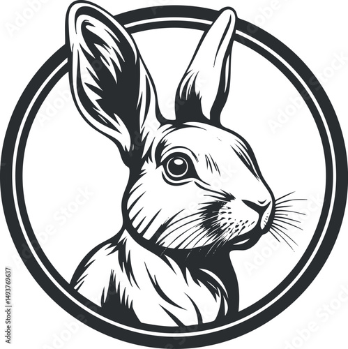 Black and white illustration of a rabbit head inside a circular frame showing detailed fur and ears