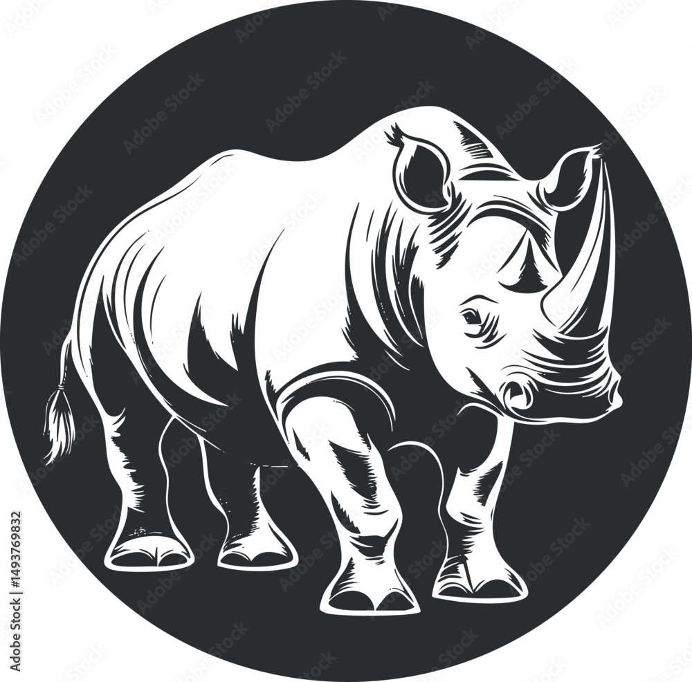 Obraz premium Black and white vector illustration of a rhinoceros standing in a circle with detailed features