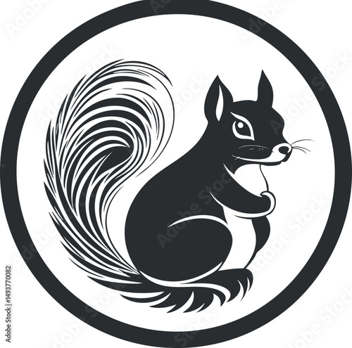 Black and white vector illustration of a squirrel with bushy tail in a circular frame