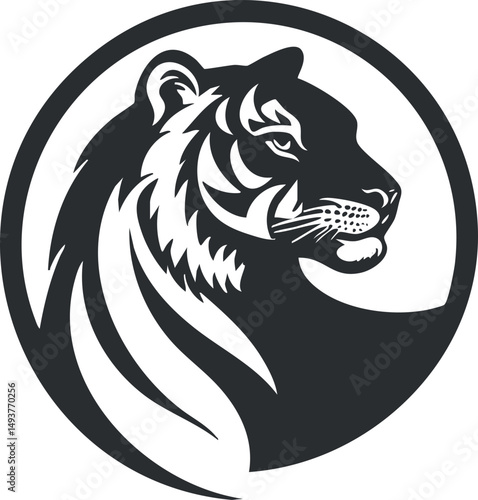 Black and white stylized illustration of a tiger head in profile within a circular frame