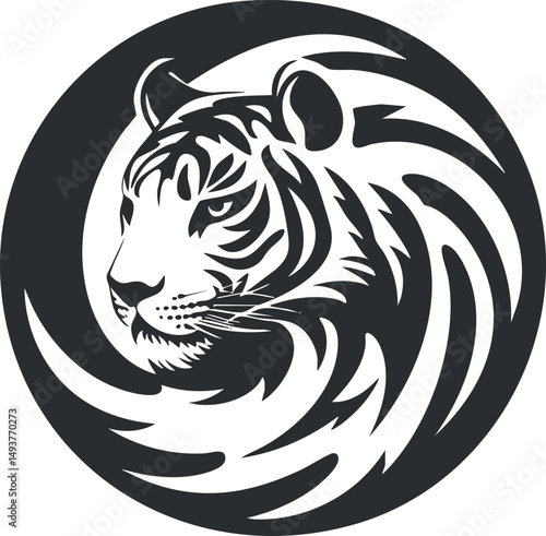Stylized black and white tiger head in profile inside a circular design symbolizing strength and wildlife