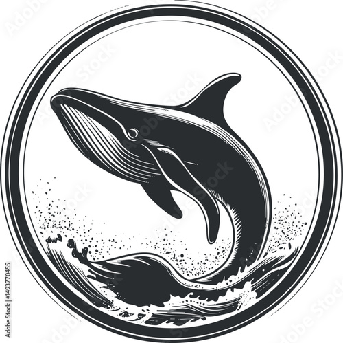 Black and white illustration of a whale breaching the ocean surface inside a circular frame with splashing water.