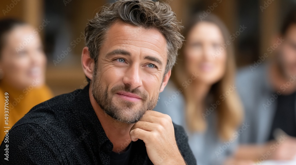 Obraz premium Thoughtful man surrounded by blurred colleagues
