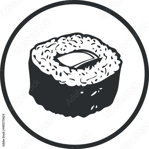 Closeup of a sushi maki roll with rice and seaweed wrapped around fish inside