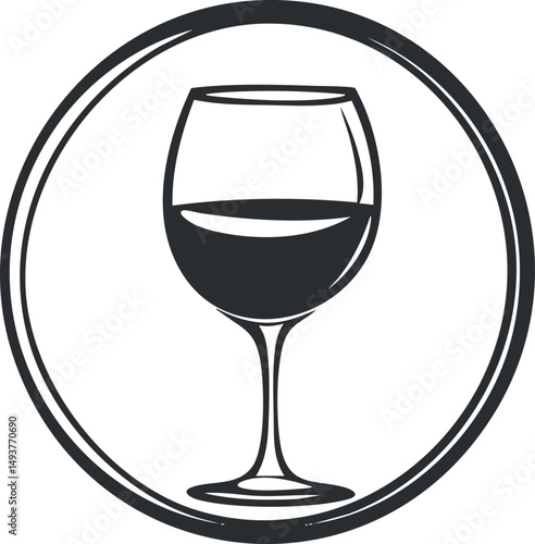 Illustration of a wine glass filled halfway with liquid inside a circular outline icon