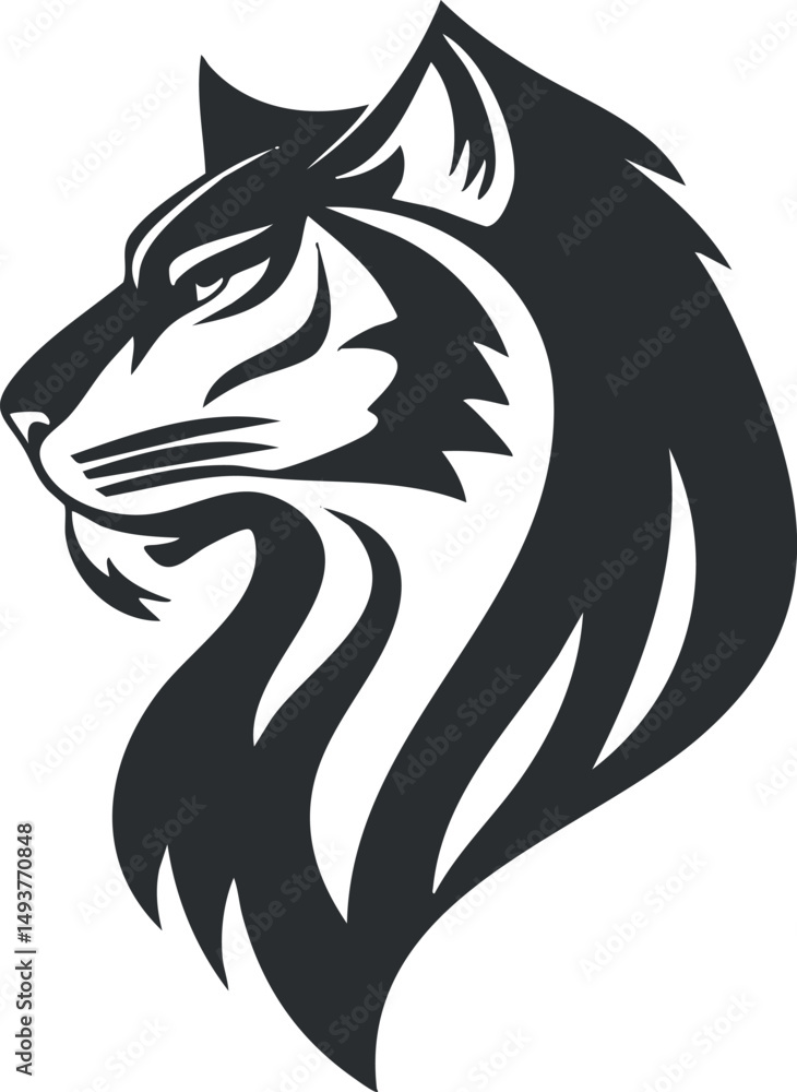 Black and white stylized vector illustration of a cat profile with detailed fur and facial features Black and white stylized vector illustration of a cat profile with detailed fur and facial features