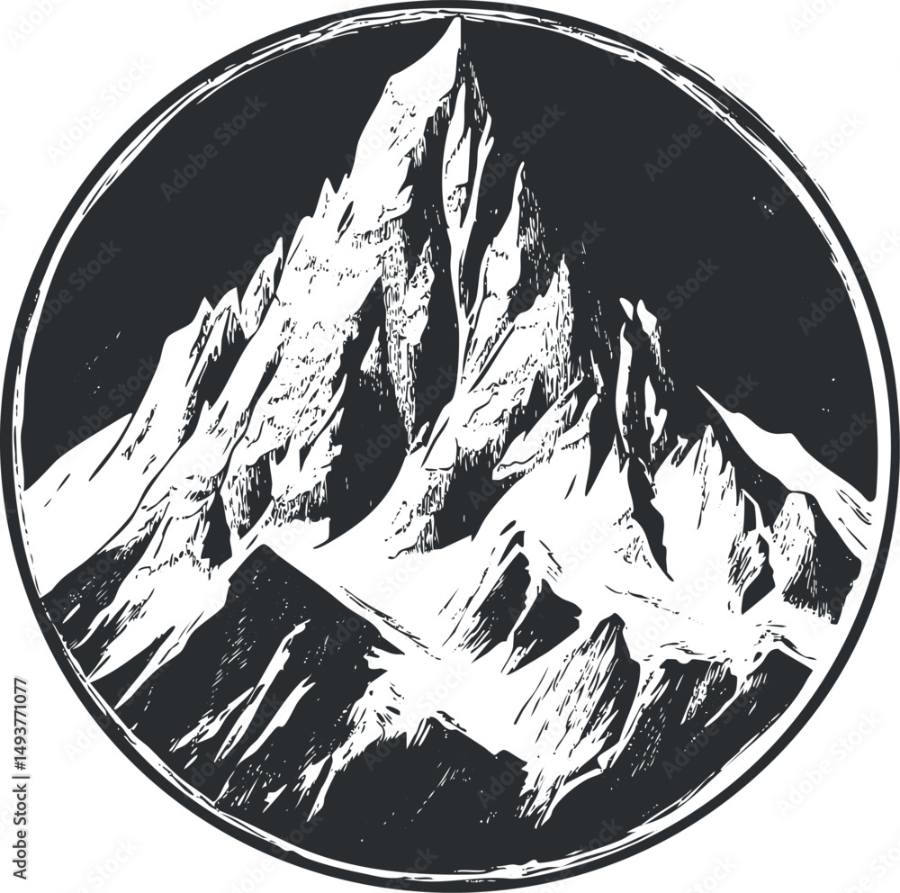 Obraz premium Black and white circular illustration of a rugged mountain peak covered with snow and rocks