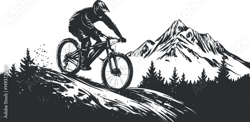 Monochrome illustration of a mountain biker riding downhill on a rugged trail with forest and mountains in the background