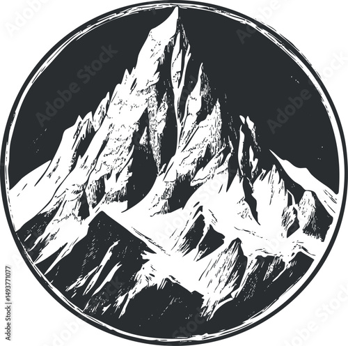 Black and white circular illustration of a rugged mountain peak covered with snow and rocks