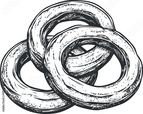 Black and white illustration of three bagels stacked together showing detailed texture and round shape