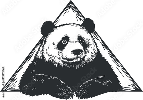 Black and white illustration of a panda bear with a triangular background in a sketch style