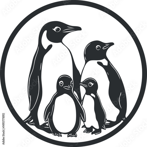 Illustration of a penguin family with two adults and two chicks inside a circular frame in black and white.
