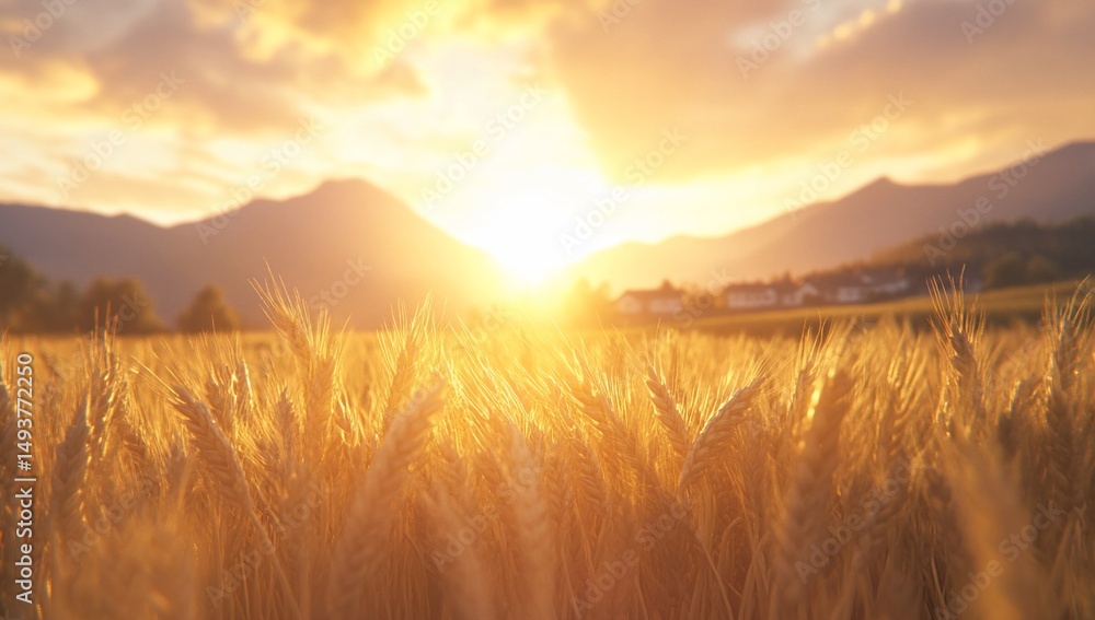 Fototapeta premium Golden Wheat Field Sunset Landscape.