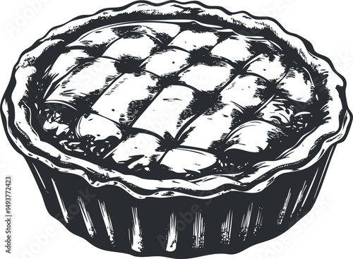 Black and white vector illustration of a baked pie with a detailed crust and lattice topping