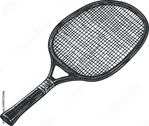 Black and white vintage style illustration of a tennis racket with detailed strings and handle