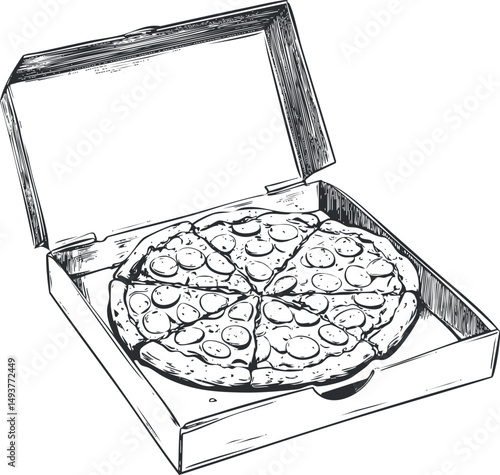 Hand-drawn black and white illustration of a pepperoni pizza sliced and served in an open delivery box