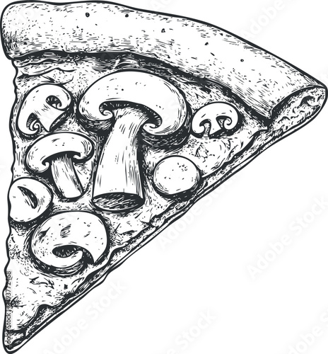 Hand drawn black and white illustration of a mushroom pizza slice with detailed crust and toppings