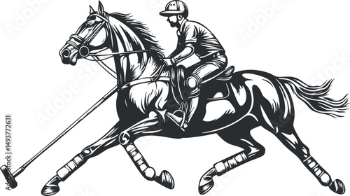 Black and white illustration of a polo player riding a galloping horse with a mallet in hand during a game