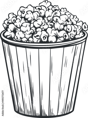Black and white hand drawn illustration of a popcorn bucket filled with fresh, crunchy popcorn, perfect for movie snacks or entertainment.