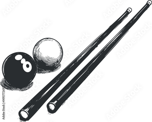Black and white sketch of two billiard cues and two balls used in pool or snooker games